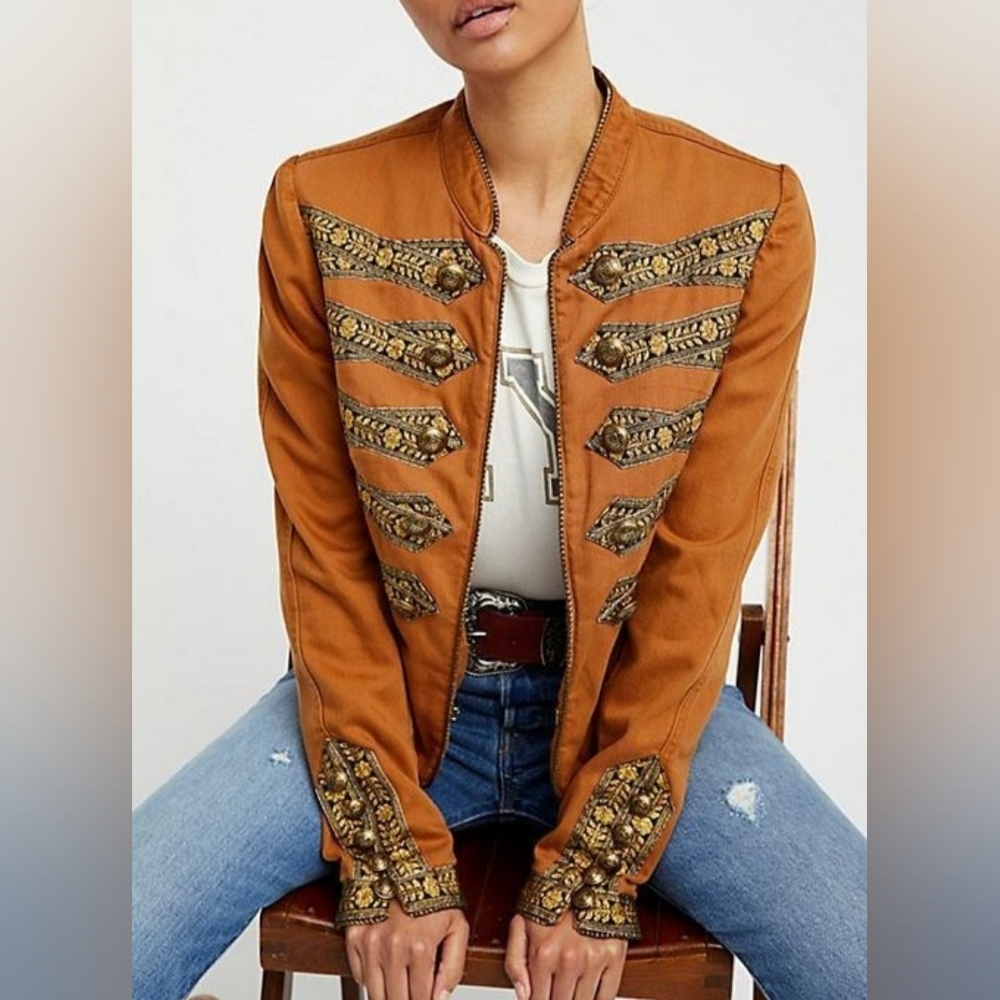 Free People Embellished Rust Military-Style Jacket